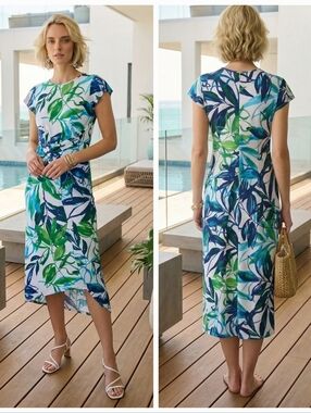 NWOT Joseph Ribkoff 14 Modern Tropical Resortwear Silky Knit Midi Dress